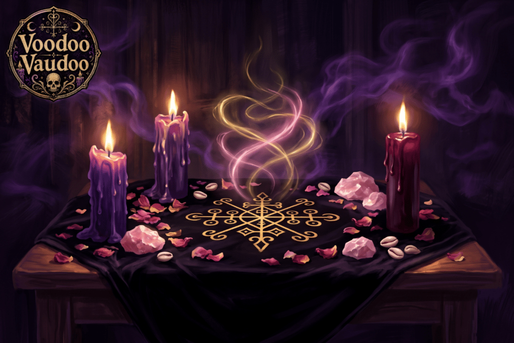 Rituel vaudou de guérison énergétique et d'amour avec bougies, quartz rose et vévé lumineux nocturne.