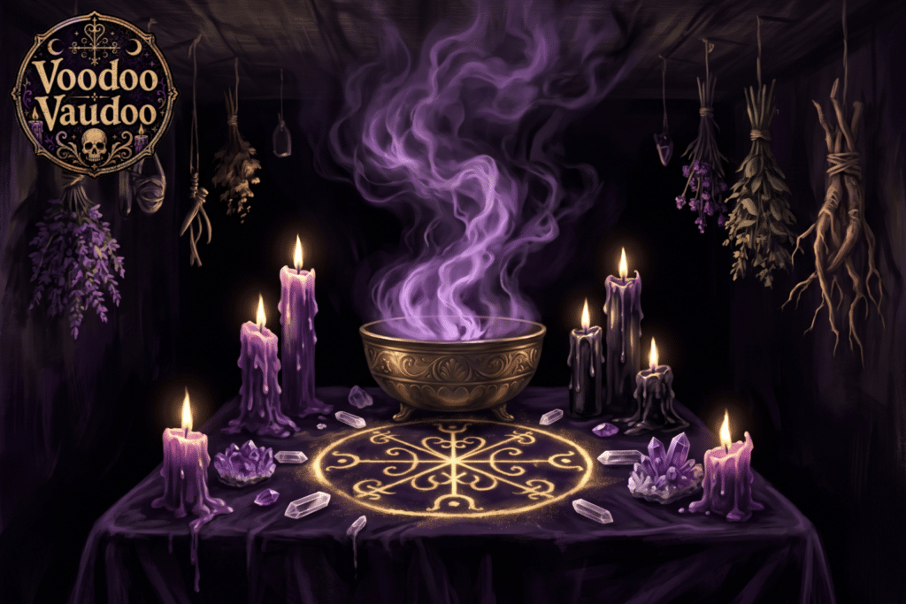 Rituel de purification spirituelle et dégagement vaudou avec fumée sacrée, cristaux et vévés lumineux.